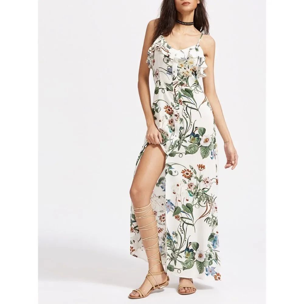 ✨HP✨White Botanical Print Front Ruffle Cami Dress✨